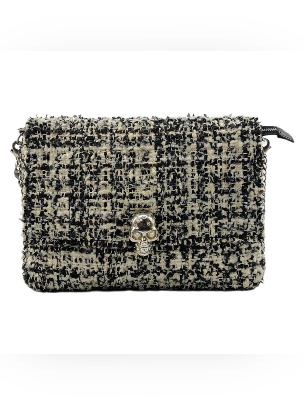 Alexander McQueen Black & Cream Tweed Skull-Embellished Clutch